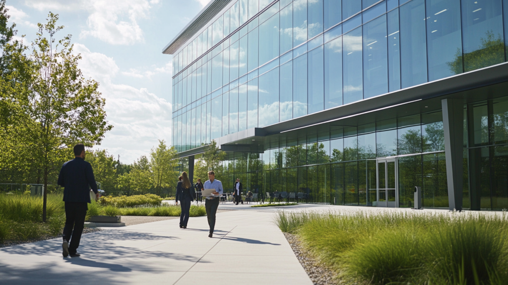 a group of people walking outside a corporate building
