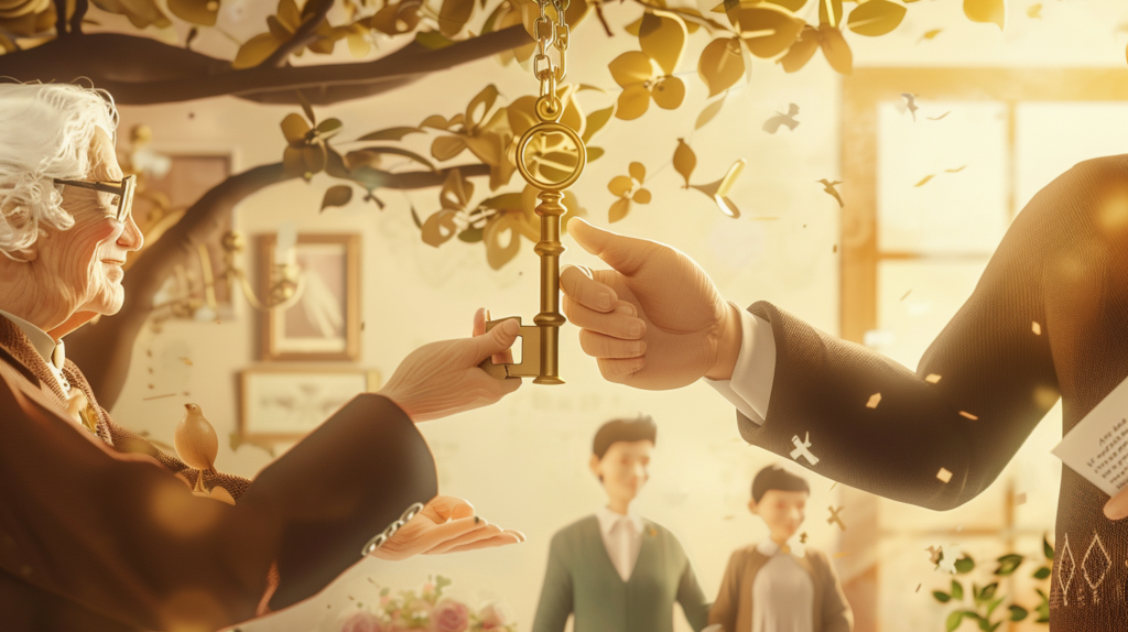 A realistic illustration depicting an older couple handing a large golden key to a younger couple, symbolizing wealth transfer between generations. Background includes family tree, financial documents, houses, and stocks