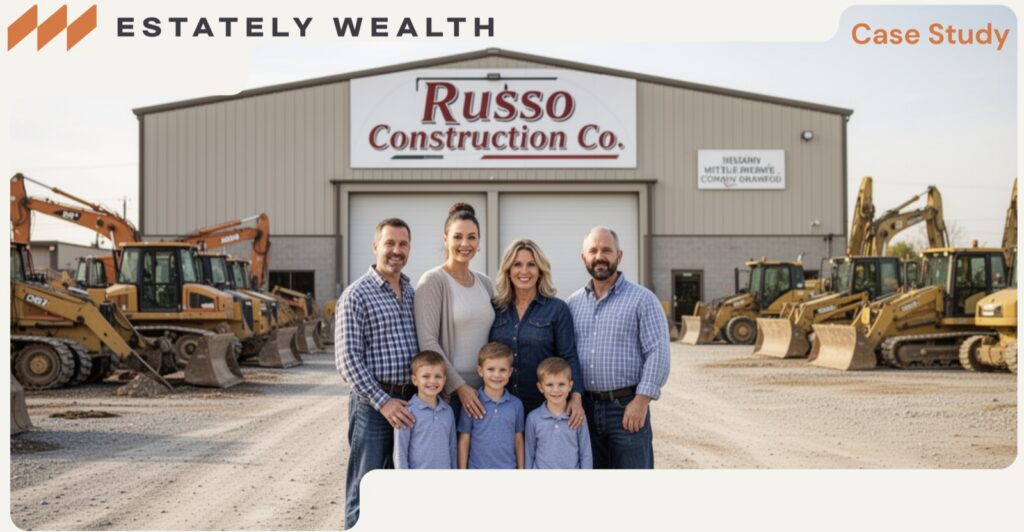 A family standing in front of the Russo Construction Co. building surrounded by excavators