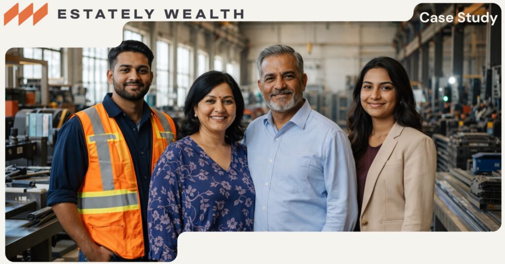 A family of four standing together on the floor of their manufacturing plant