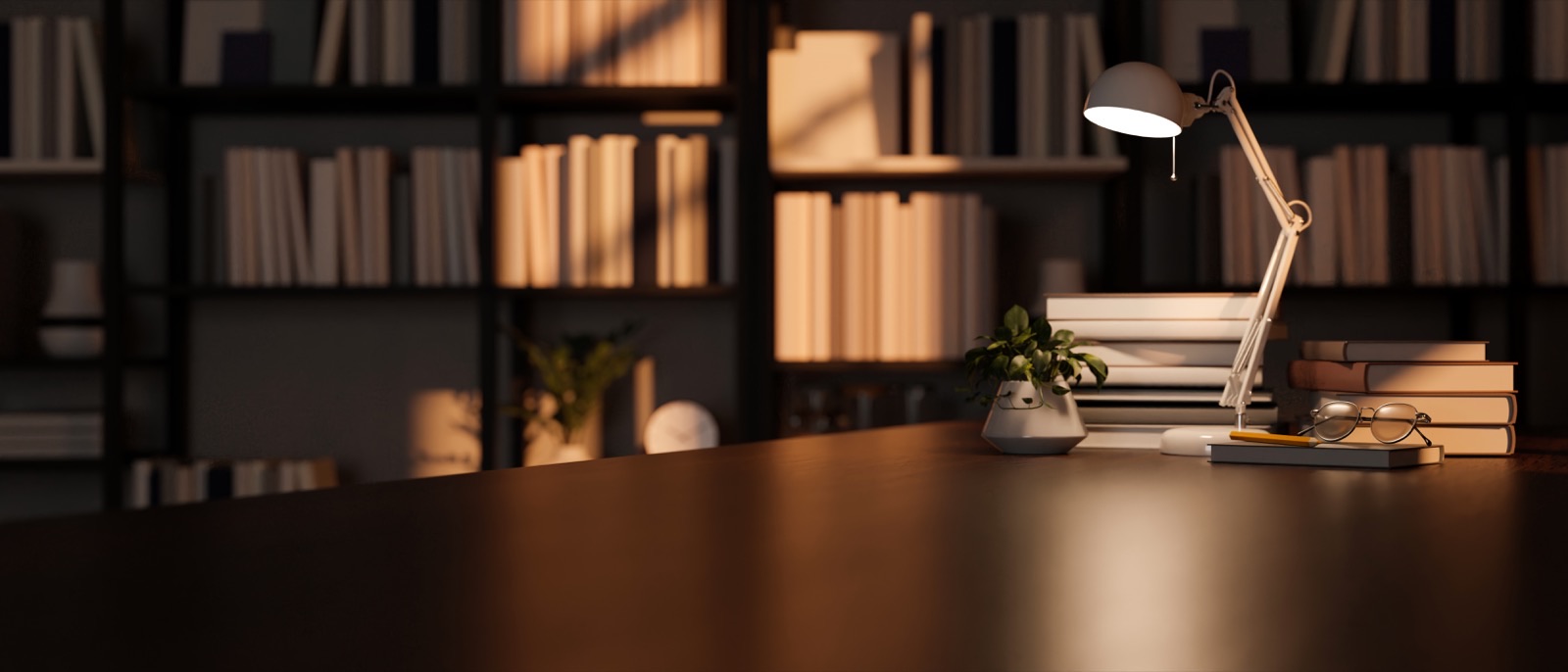 A modern dark wood tabletop with decor
