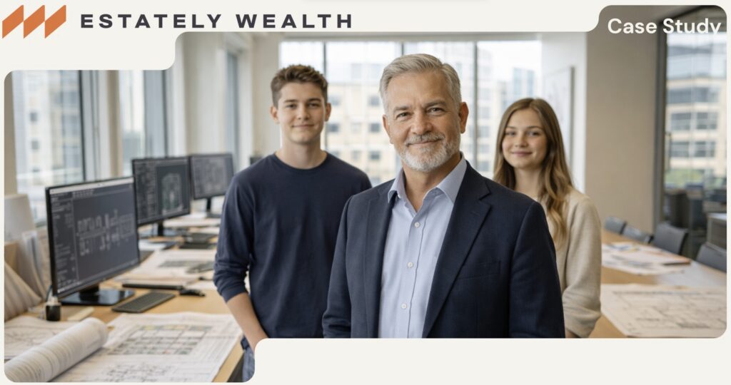 A father with his two adult children in a design office with drafting screens and blueprints