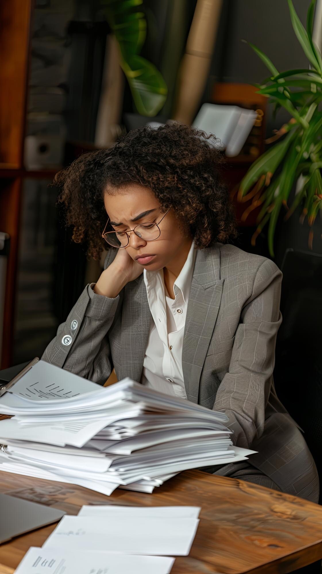 A tired businesswoman working through documents at her desk